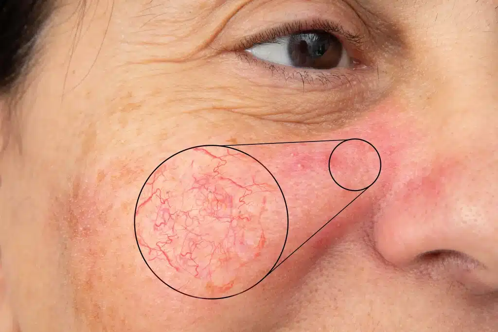 Close-up of facial redness and thread veins on the cheek before skin treatment.